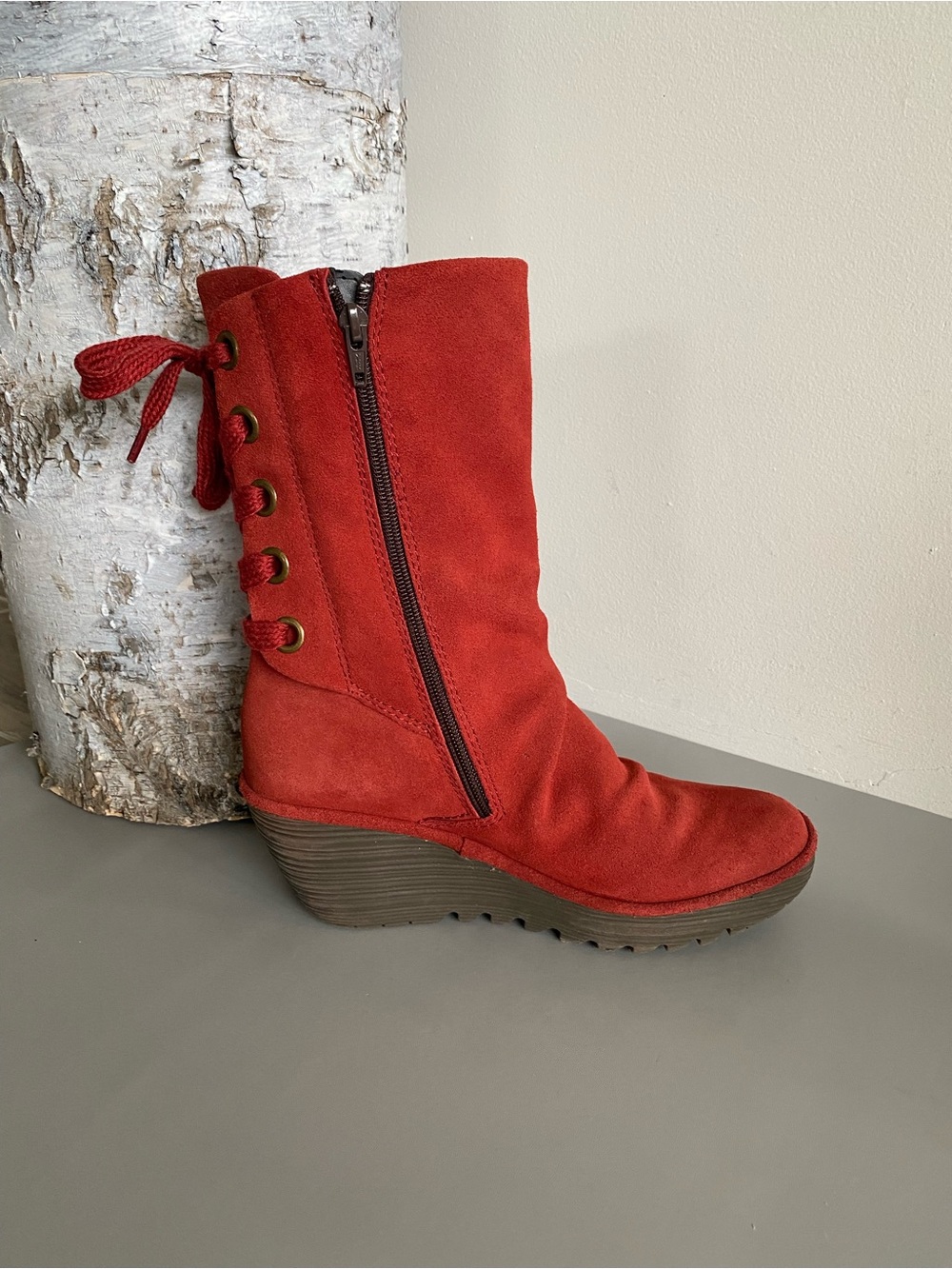 Fly London Yada Red Suede Wedge Mid Calf Boots Lace Up Back Sz 39/ 8.5 - Picture 8 of 14